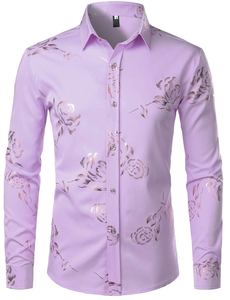ZEROYAA Mens Hipster Gold Rose Printed Slim Fit Long Sleeve Dress Shirts/Prom Performing Shirts Z56 Lavender Large - Image 1